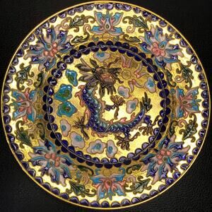 Vintage 8in Chinese Brass Dragon Cloisonne Enamel Decorative Plate Gold Blue